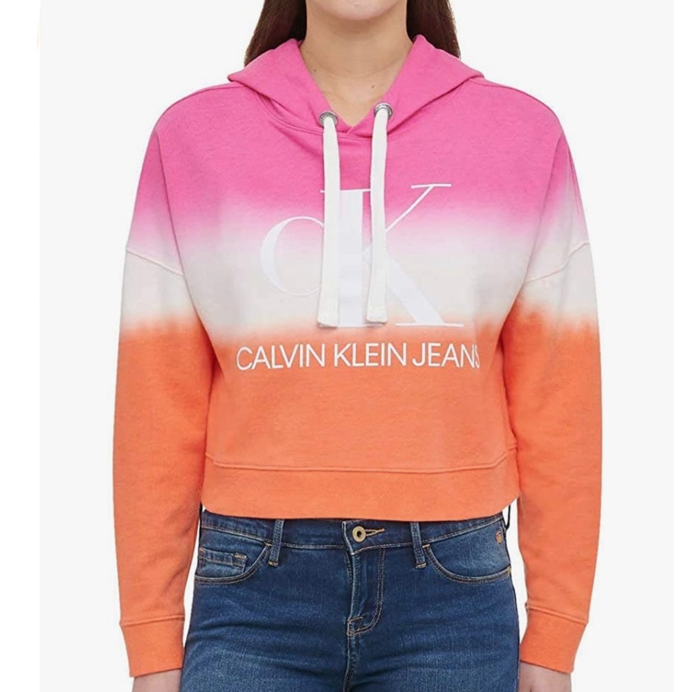 Calvin Klein Pink Orange Tiedye Cropped Pullover Hoodie Small
